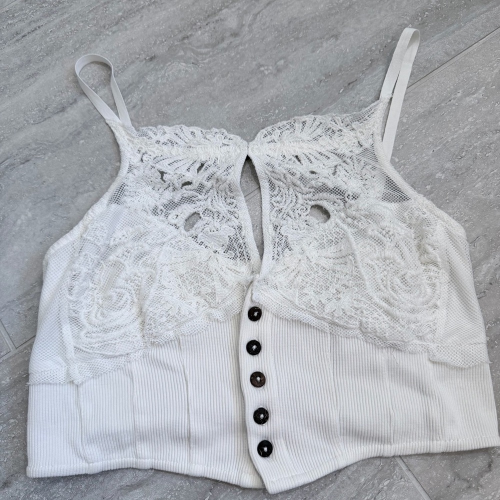 Free People Have My Heart Cropped Lace Tank Ivory Boho Crop Top XS/S - Picture 9 of 16